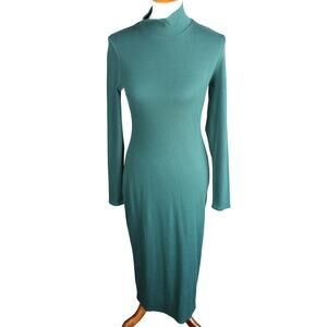 Maine Layer Midi Dress Womens Medium Green Ribbed Mock Neck Bodycon Minimalist